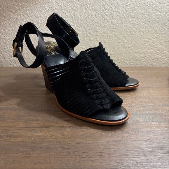 Vince Camuto Shoes - Vince Camuto Frenela Suede Woven Ankle Strap Block Heel Sandals Black 10M Chic